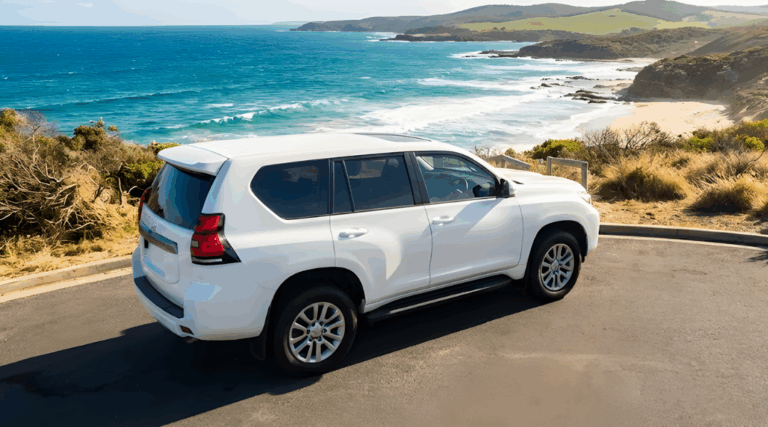 a white rental suv parked in an iconic australian viewpoint by the beach