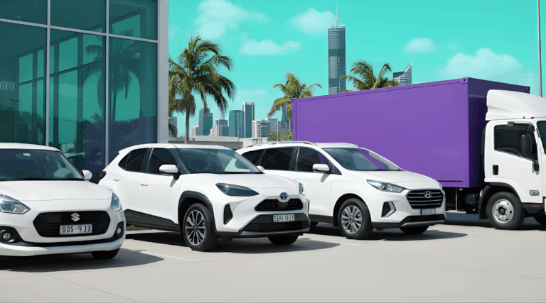 Variety of Alpha Car Hire vehicle sizes, including an economy car, SUV, and moving van, for rental in Australia.