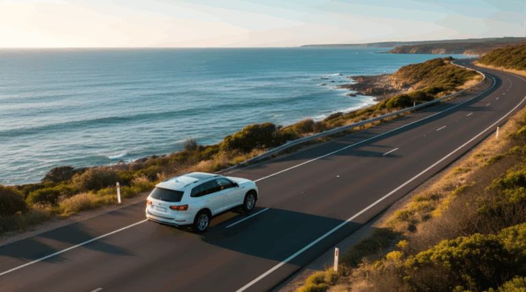 A white hire car driving safely on the left-hand side of a sealed Australian highway.