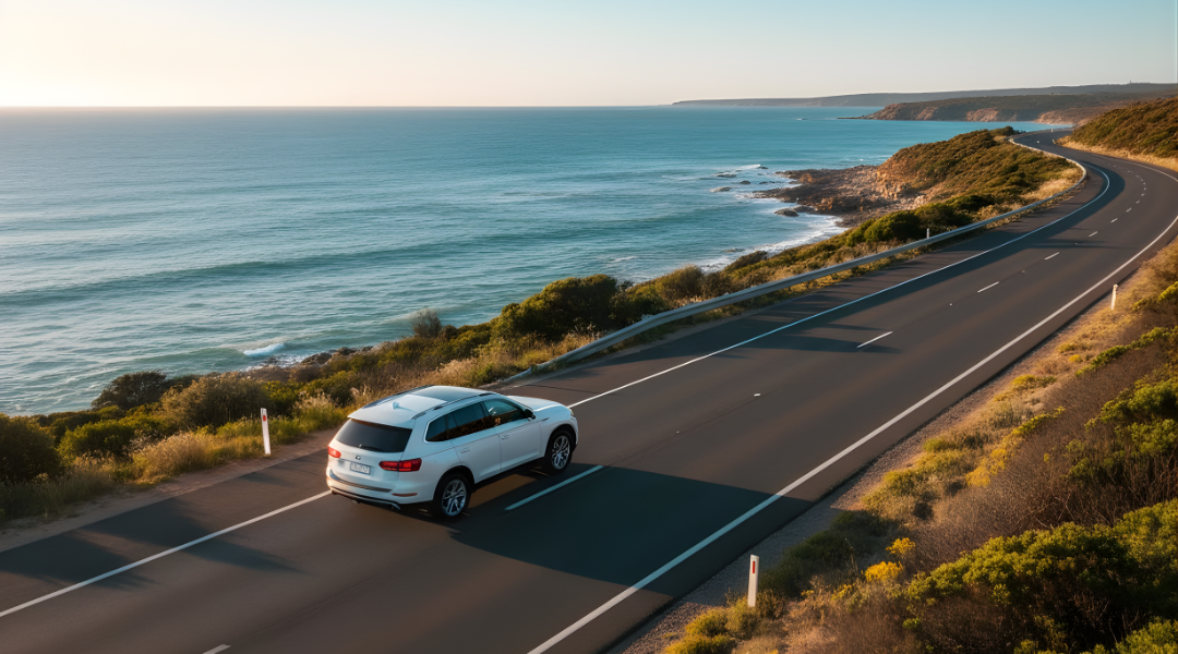 A white hire car driving safely on the left-hand side of a sealed Australian highway.