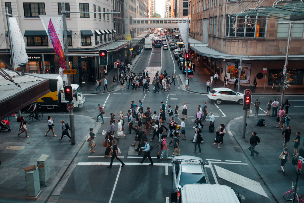 SYDNEY, AUSTRALIA - People crossing viewed from above