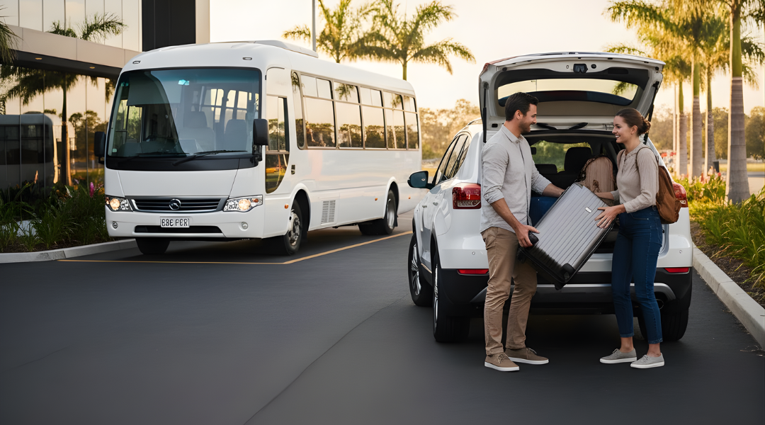A happy couple loading luggage into their white hire car at an Alpha Car Hire depot after arriving on the free shuttle.