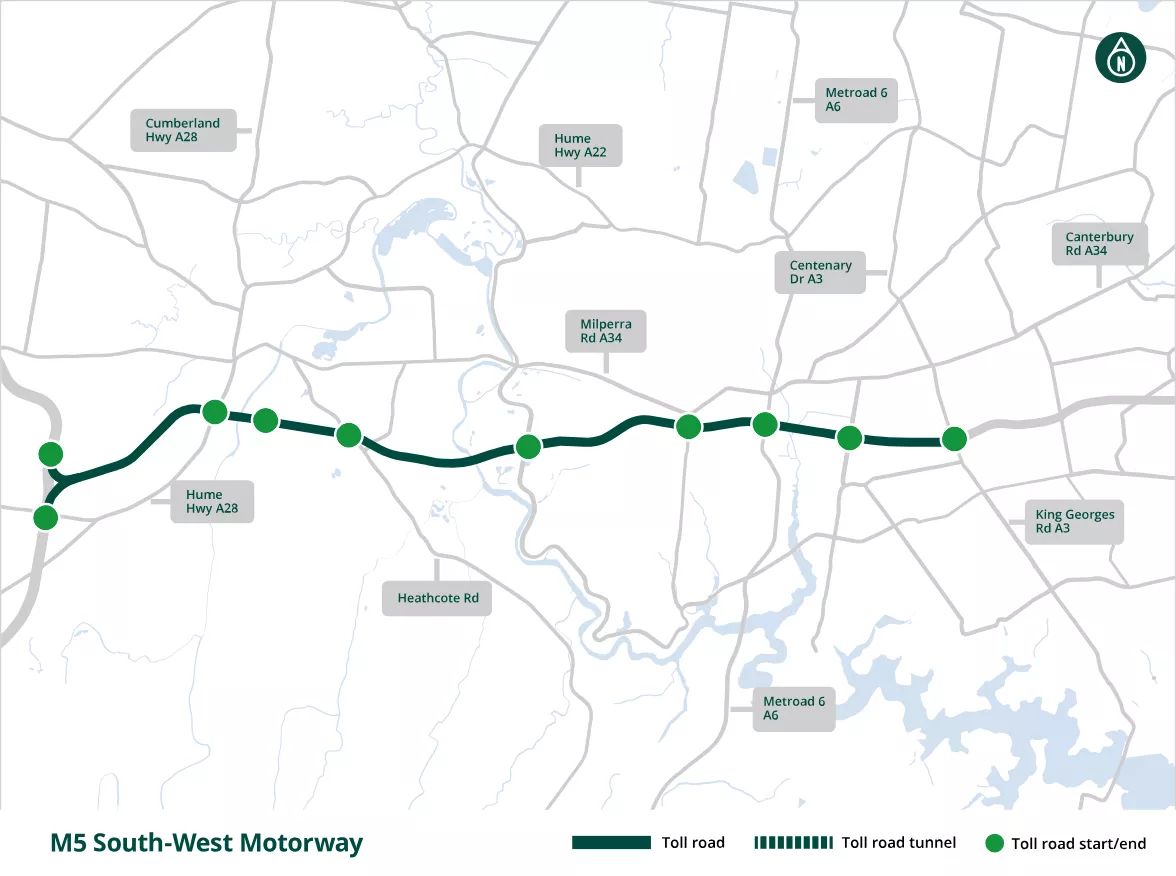 Map of the M5 South-West toll road through Sydney.