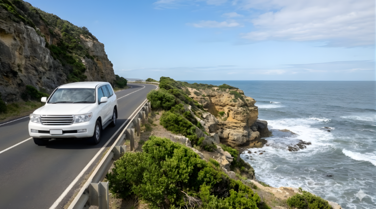 A white SUV driving along the winding Great Ocean Road in Victoria with the ocean in the background.