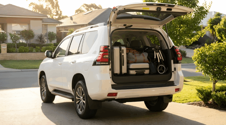 White Large SUV boot perfectly packed with family luggage and a pram in a sunny driveway