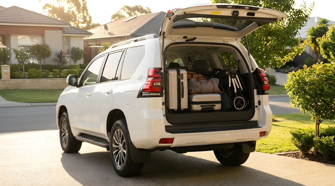 White Large SUV boot perfectly packed with family luggage and a pram in a sunny driveway