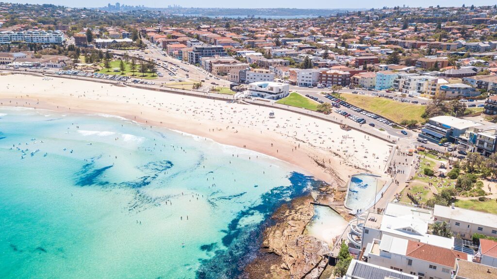 Bondi Beach, located in the Eastern Suburbs of Sydney