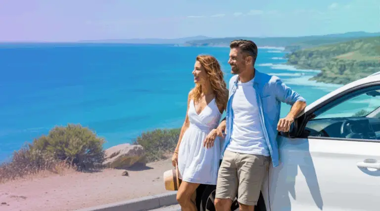 Happy couple smiling, leaning on a white rental car, enjoying a scenic coastal view in Australia, symbolising worry-free travel.