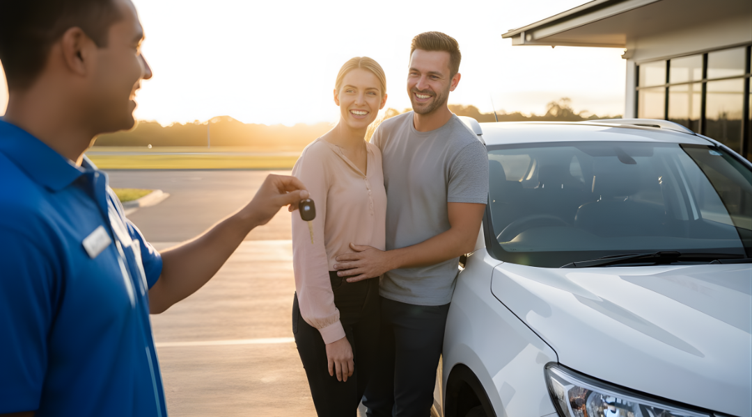 A happy couple receiving keys for their Alpha Car Hire rental car from a friendly staff member.