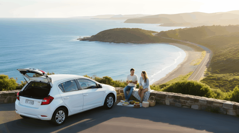 A couple enjoying a view from a scenic lookout with their white, budget-friendly hire car.