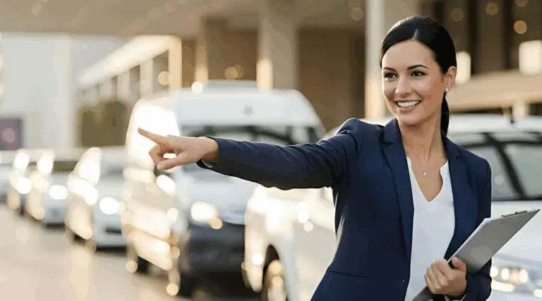 A confident female event coordinator holds a clipboard while managing vehicle logistics at a busy event.