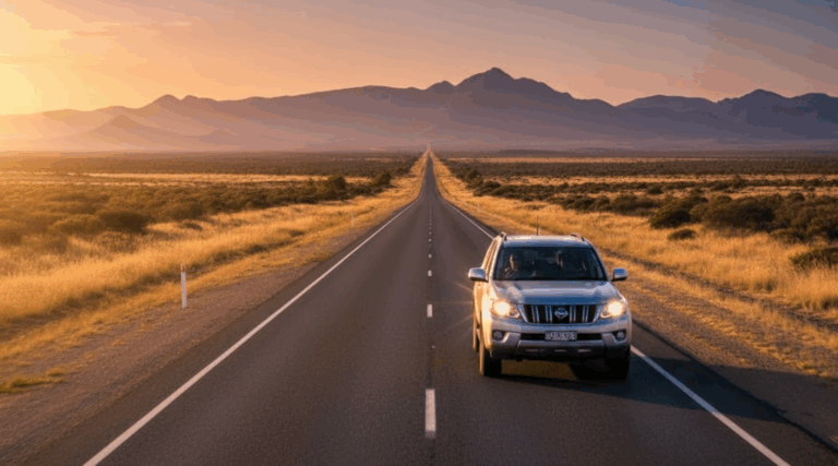 Silver Alpha Car Hire vehicle driving on a long, straight desert highway towards a distant mountain range at sunset, symbolizing unlimited travel.