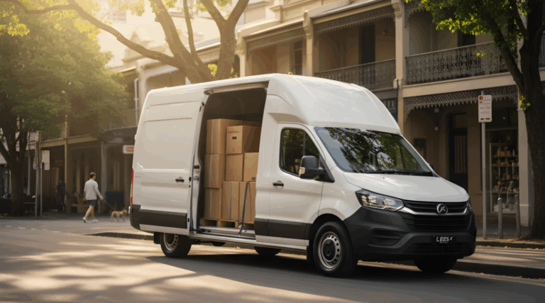 A white commercial moving van for hire in Sydney, ready for a business delivery or move.