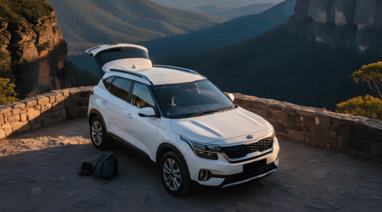 A car hire parked at a scenic hidden gem lookout in the Blue Mountains near Sydney.