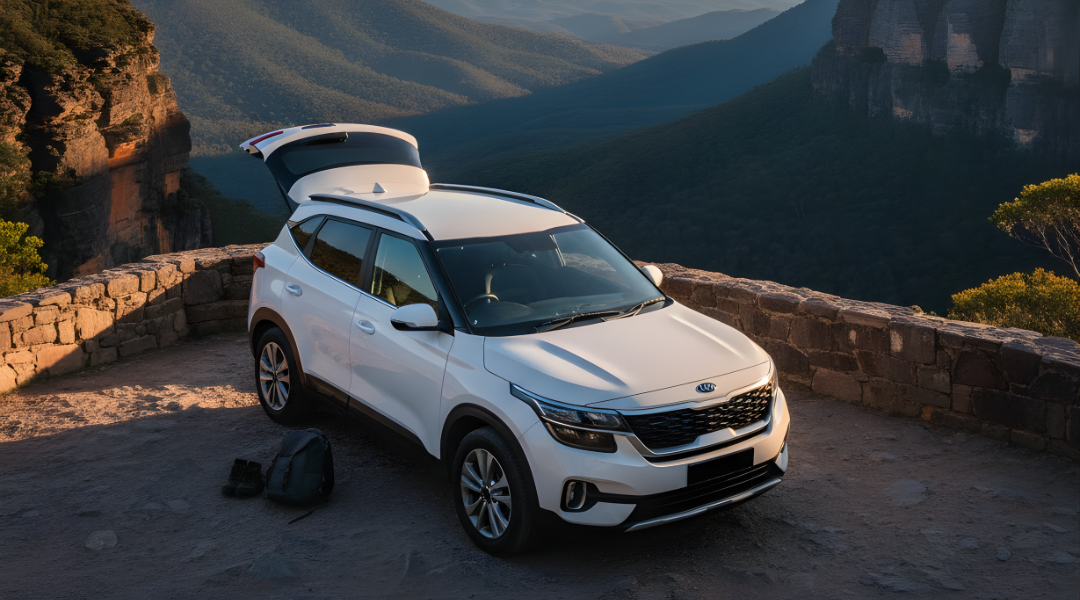 A car hire parked at a scenic hidden gem lookout in the Blue Mountains near Sydney.