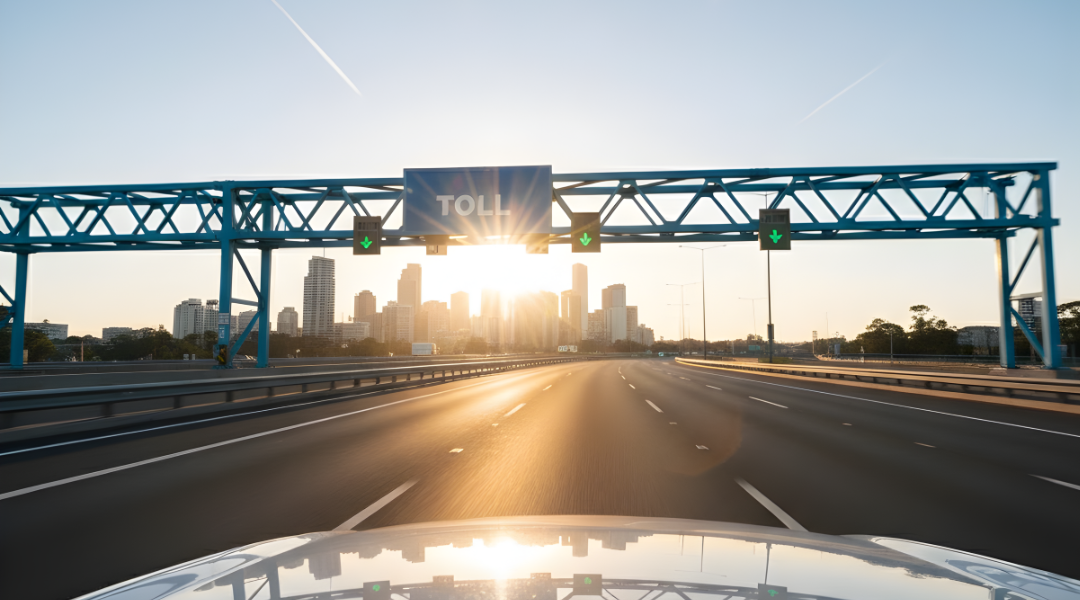 hire car with an e-Tag on the windscreen driving under an Australian highway toll road gantry.