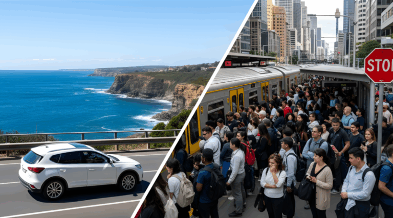 A comparison showing the freedom of a white hire car on a scenic road versus a crowded Sydney public transport option.