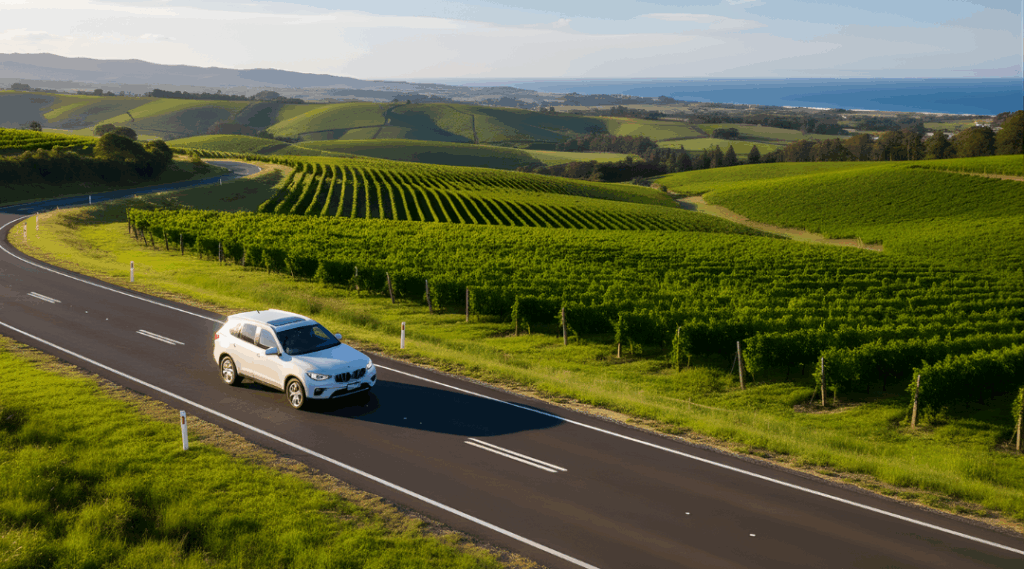 A white hire car on a scenic road trip, starting an adventure from Melbourne Airport.