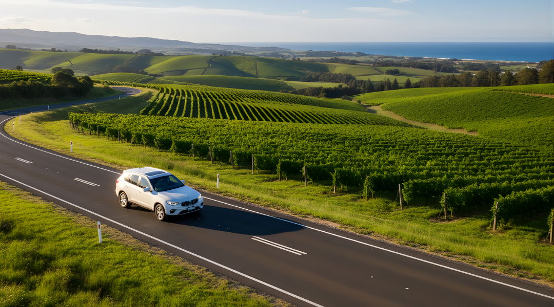 A white hire car on a scenic road trip, starting an adventure from Melbourne Airport.