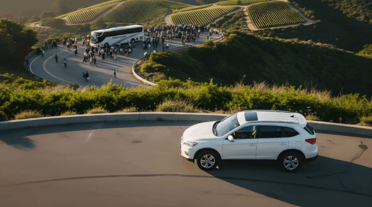 A white hire car parked at a quiet regional lookout, offering more freedom than a crowded tour bus.
