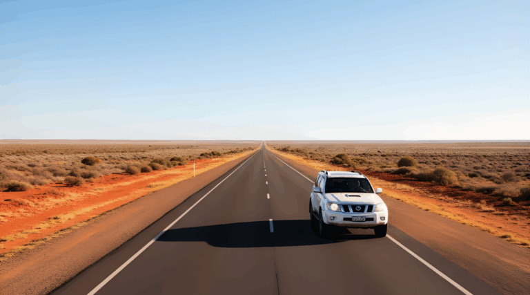 A white hire car driving on a sealed highway through the Australian Outback, following safety rules.