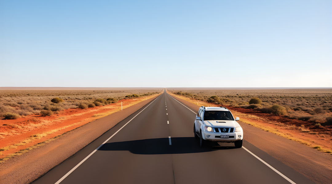 A white hire car driving on a sealed highway through the Australian Outback, following safety rules.