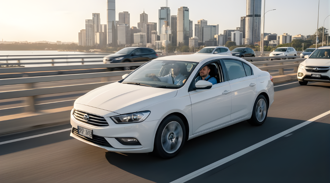 A person enjoying a stress-free daily commute in a white car subscription vehicle.