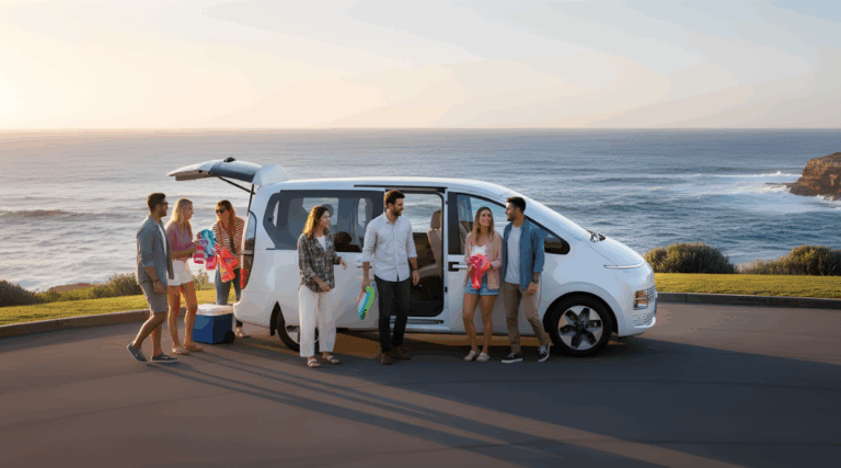 A group of friends unpacking their white 8-seater Hyundai Staria hire car at a scenic Sydney coastal location.
