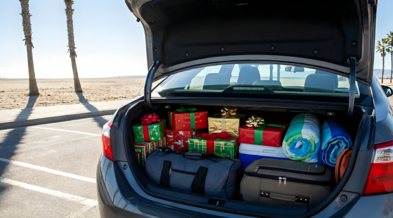 A rental car boot packed with Christmas presents and luggage for a summer road trip.