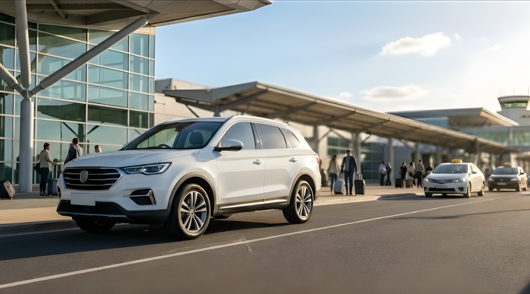 A sleek white intermediate SUV parked on a clean, sealed asphalt road near a modern airport terminal structure. The background features blurred architectural elements of an airport