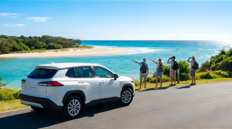 cinematic landscape shot of a pristine Gold Coast beach (reminiscent of Tallebudgera Creek or Rainbow Bay) on a bright sunny day. In the foreground, parked on a sealed road overlooking the water, is a white, modern SUV.