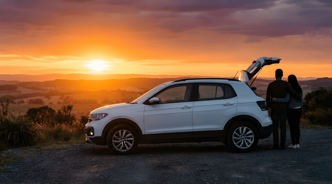 clean, white, unbranded compact SUV parked at a scenic lookout during sunset