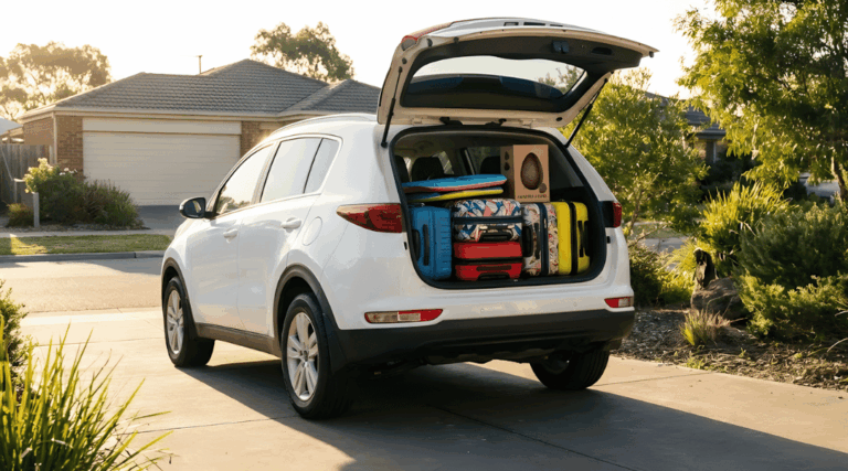 a clean, white, unbranded SUV parked in a driveway. The boot is open and is being packed with colourful suitcases and a boogie board. A subtle chocolate easter egg box is visible on top of the luggage pile.