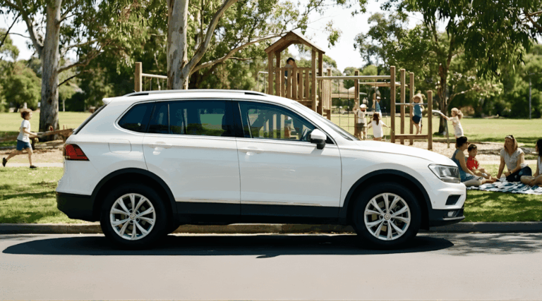 SUV parked near a grassy park or playground. In the background, children are playing actively (running or on play equipment) while parents relax on a picnic rug