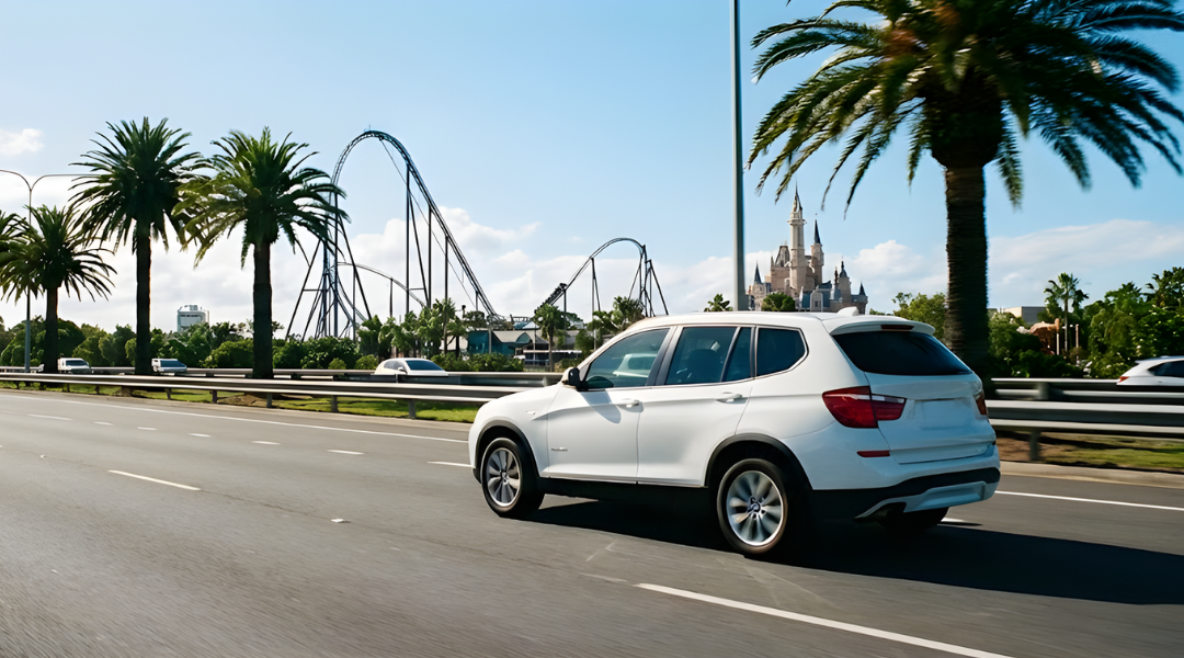 SUV driving on a sunny Gold Coast highway. In the distance, the silhouette of a massive roller coaster or theme park castle is visible against the blue sky.