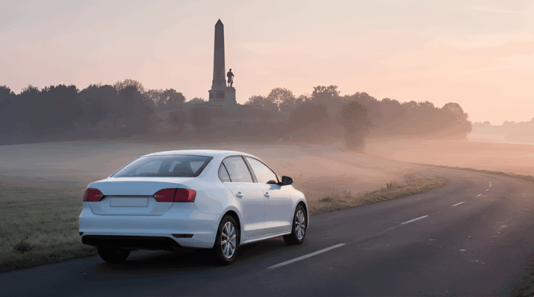 a clean, white, unbranded sedan driving on a quiet country road at sunrise. In the background, a silhouette of a classic Australian war memorial (obelisk or soldier statue) is visible on a hill.