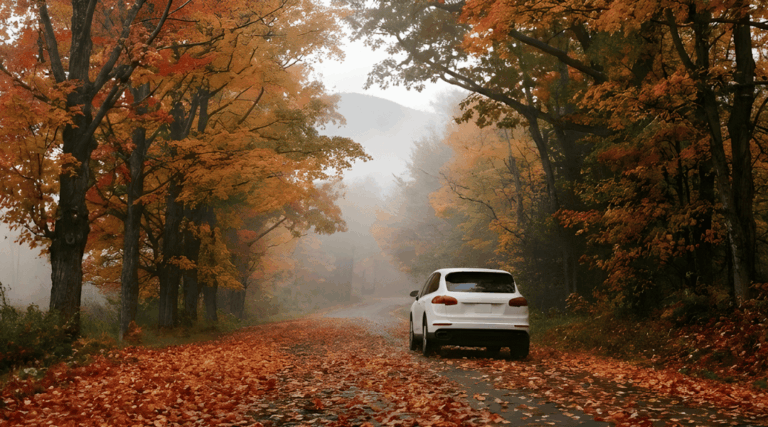 SUV driving down a country lane lined with large deciduous trees (maples and oaks) with vibrant red and orange autumn leaves. The road is covered in fallen leaves.