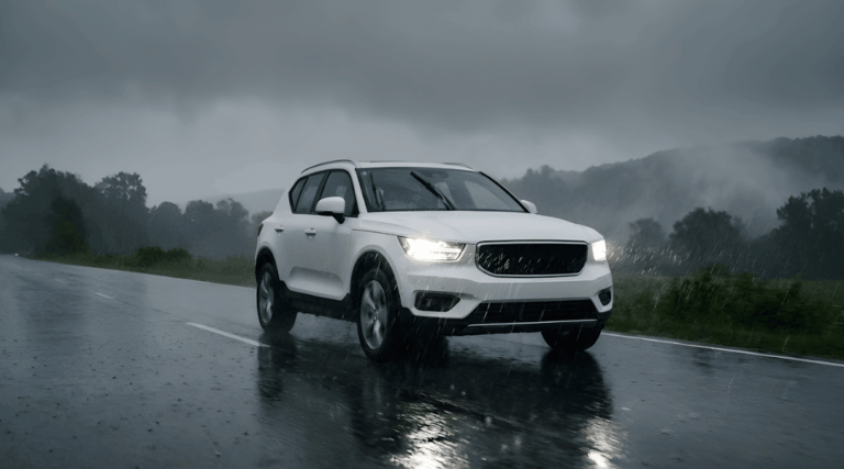 SUV driving on a wet asphalt road during a rainy day. The car's headlights are on, reflecting on the wet surface. Raindrops are visible in the air