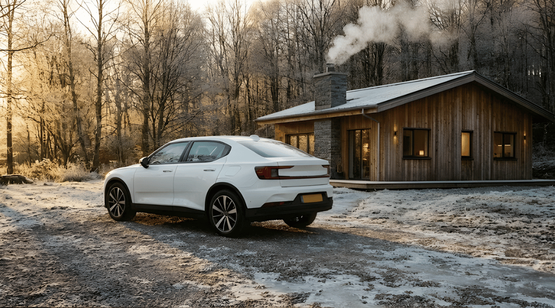 SUV parked outside a modern timber cabin in the woods. Smoke is gently rising from the cabin's chimney.
