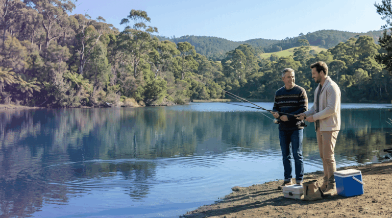 A smiling father and son fishing together by a calm Australian lake on a Father's Day weekend getaway.