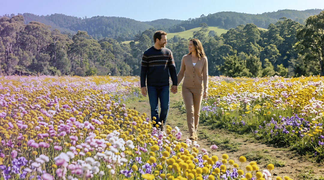 A happy couple walking through a vibrant field of blooming Australian wildflowers during a spring road trip.