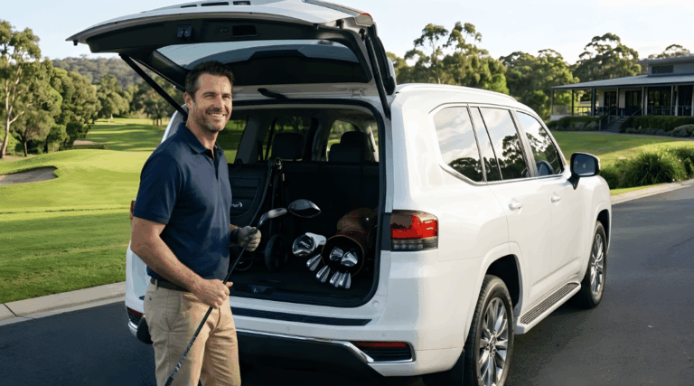 A pristine, white large SUV parked perfectly on a smooth, sealed asphalt surface near a lush green Australian golf course.