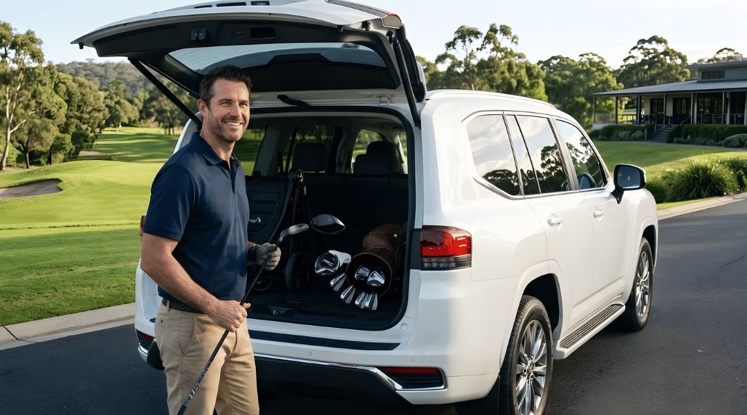 A pristine, white large SUV parked perfectly on a smooth, sealed asphalt surface near a lush green Australian golf course.