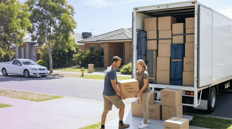 modern moving truck parked in a sunny suburban Australian driveway. The massive rear roll-up door is fully open, revealing a meticulously organized and perfectly stacked floor-to-ceiling load of uniform cardboard boxes, strapped furniture and padded equipment.