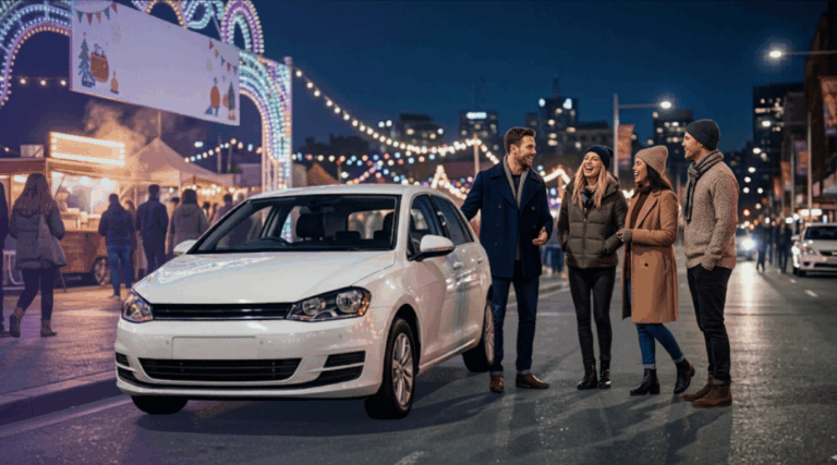 A group of friends arriving at a vibrant Australian winter festival in their white rental hatchback on a crisp evening.
