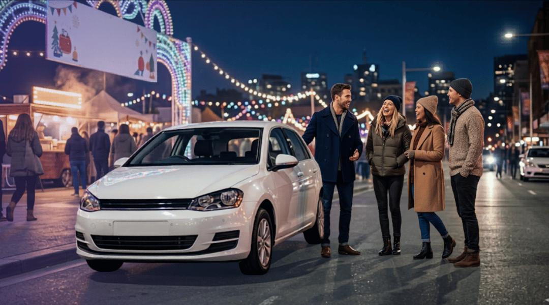 A group of friends arriving at a vibrant Australian winter festival in their white rental hatchback on a crisp evening.