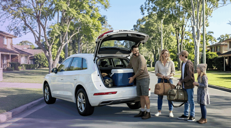A family happily packing their white rental SUV on a sunny Brisbane street for an Ekka public holiday road trip.