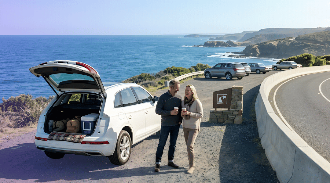 A mature couple enjoying a morning coffee beside their white luxury SUV on a scenic Australian coastal road.