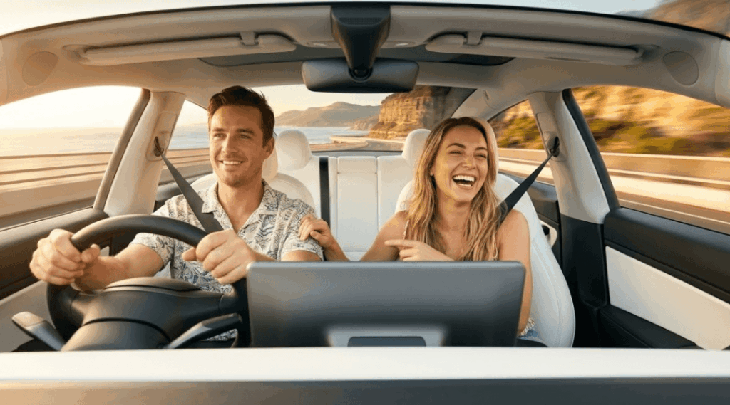 A happy couple enjoying a sunny Sydney coastal road trip from the comfort of their modern Alpha rental car.