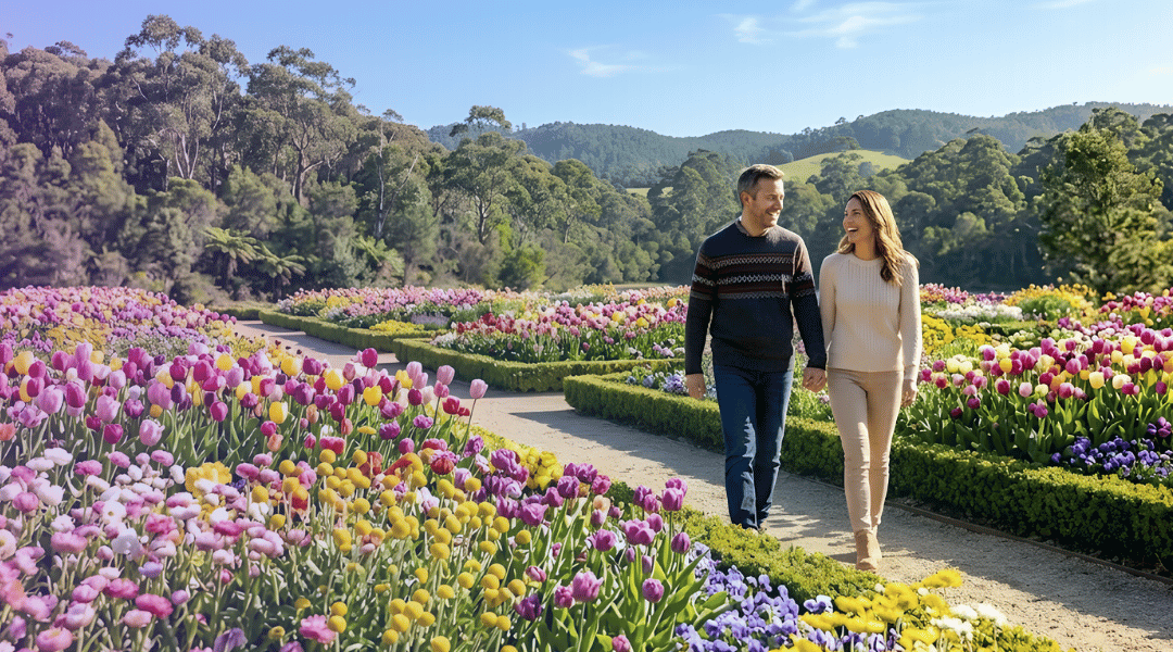 A smiling couple enjoying the vibrant spring blooms and manicured gardens at the Toowoomba Carnival of Flowers.